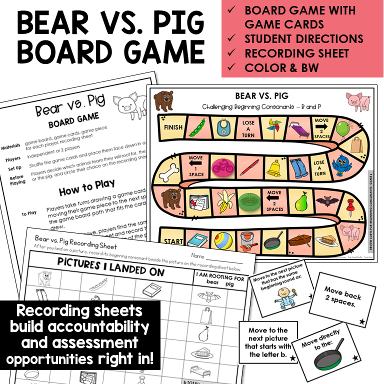 Bear vs. Pig board game, game cards, and recording sheet for beginning sounds B and P