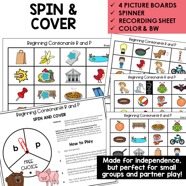 Spin and Cover picture boards and spinner for beginning sounds B and P