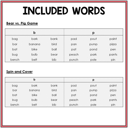 Picture word list for beginning sounds B and P games, Sort 6
