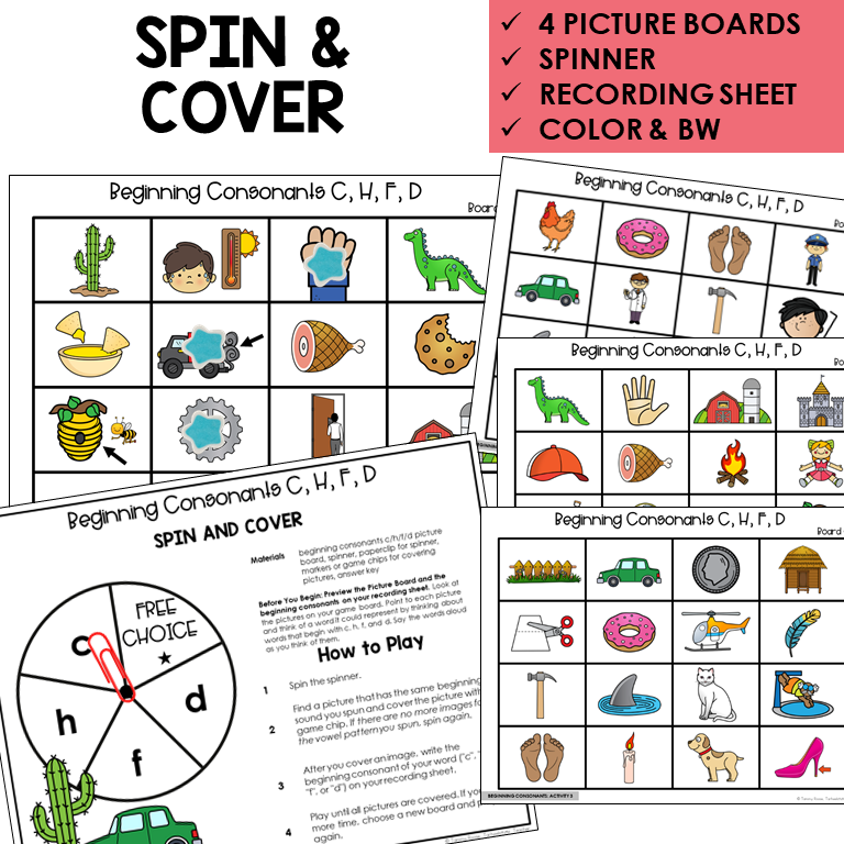 Spin and Cover picture boards and spinner for beginning sounds C, H, F, D