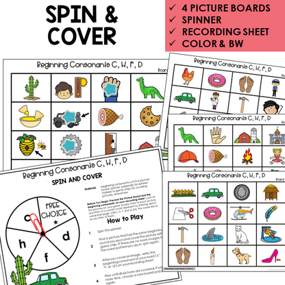 Spin and Cover picture boards and spinner for beginning sounds C, H, F, D
