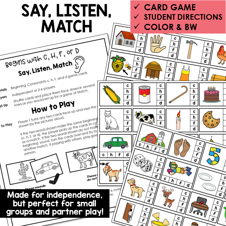 Say, Listen, Match picture cards for beginning sounds C, H, F, D
