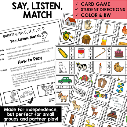 Say, Listen, Match picture cards for beginning sounds C, H, F, D
