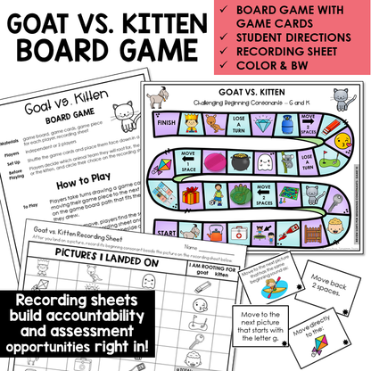 Goat vs. Kitten board game, game cards, and recording sheet for beginning sounds G and K