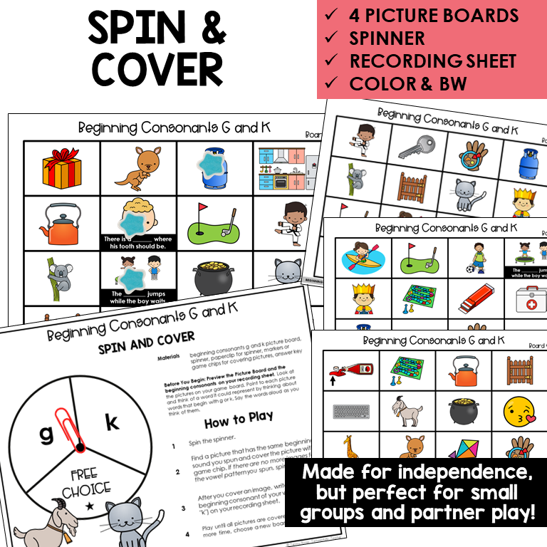 Spin and Cover picture boards and spinner for beginning sounds G and K