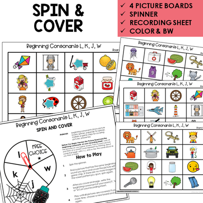 Spin and Cover picture boards and spinner for beginning sounds L, K, J, W
