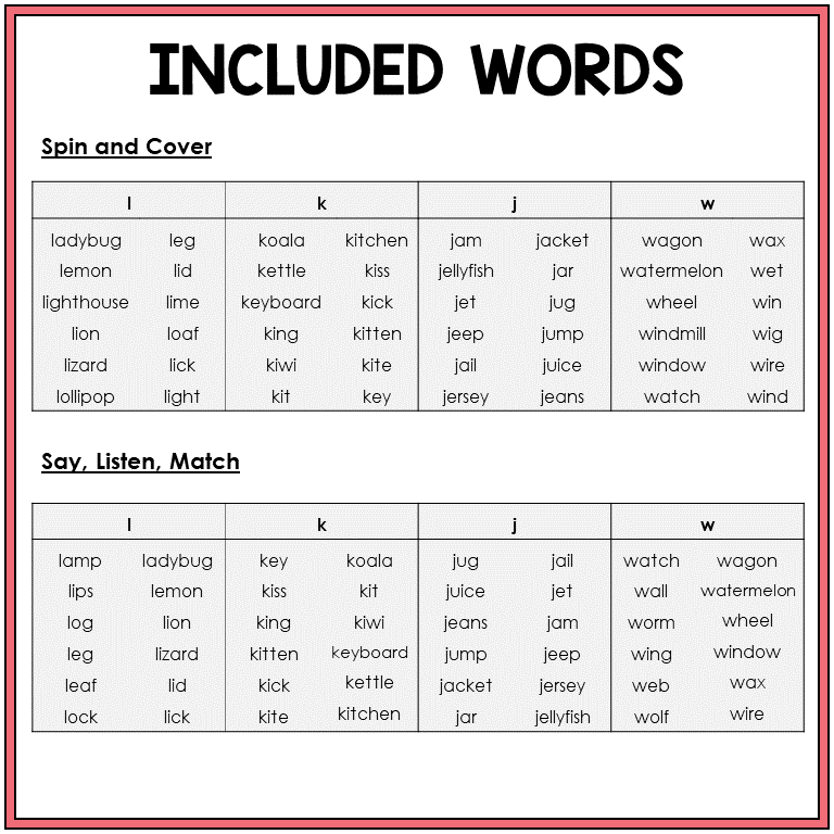 Picture word list for beginning sounds L, K, J, W games, Sort 4
