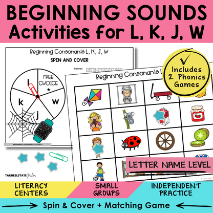 Beginning Sounds L, K, J, W Sort 4 Letter Name Games cover