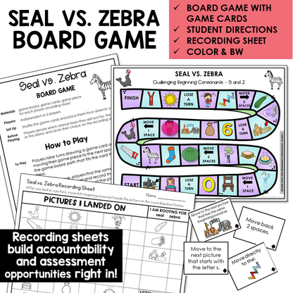 Seal vs. Zebra board game, game cards, and recording sheet for beginning sounds S and Z