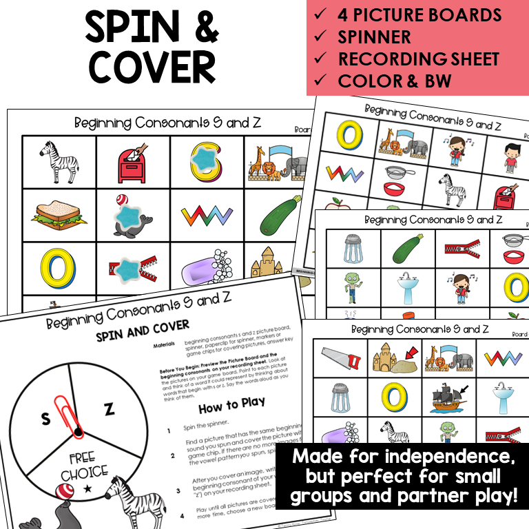 Spin and Cover picture boards and spinner for beginning sounds S and Z