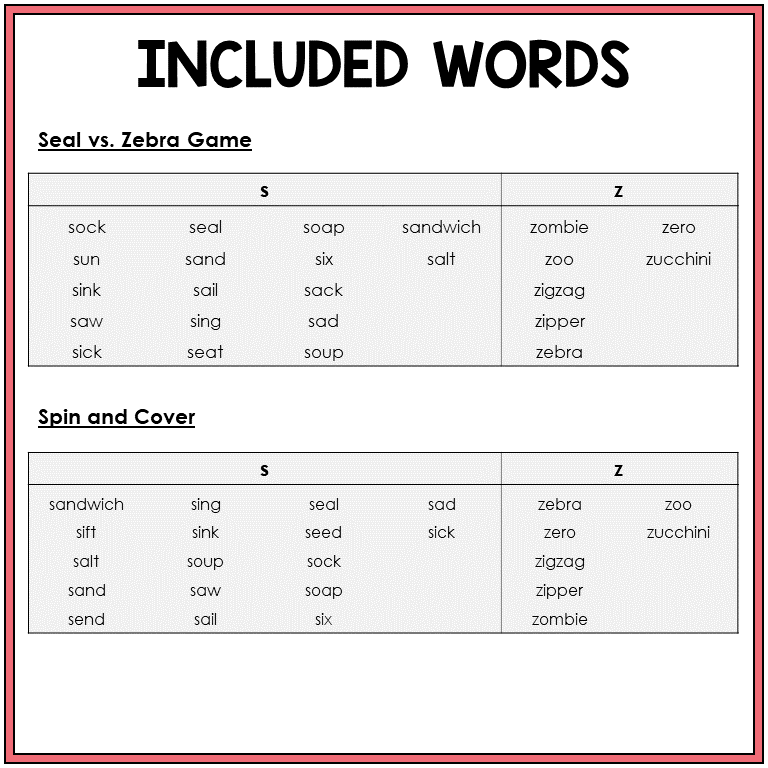 Picture word list for beginning sounds S and Z games, Sort 9