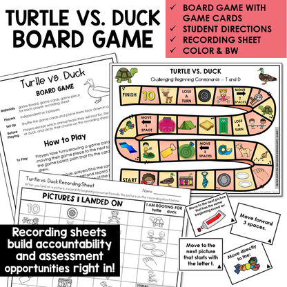 Turtle vs. Duck board game, game cards, and recording sheet for beginning sounds T and D