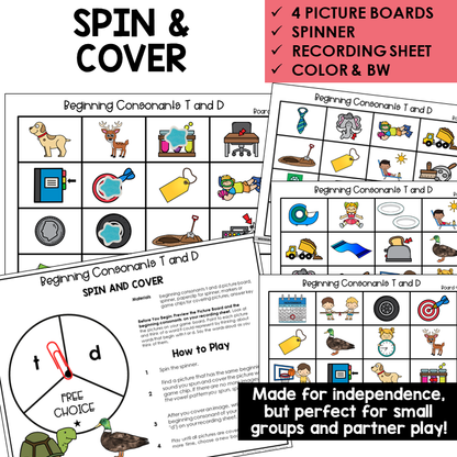 Spin and Cover picture boards and spinner for beginning sounds T and D