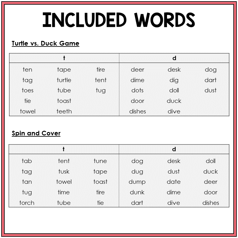 Picture word list for beginning sounds T and D games, Sort 7
