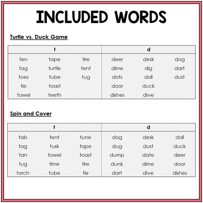 Picture word list for beginning sounds T and D games, Sort 7