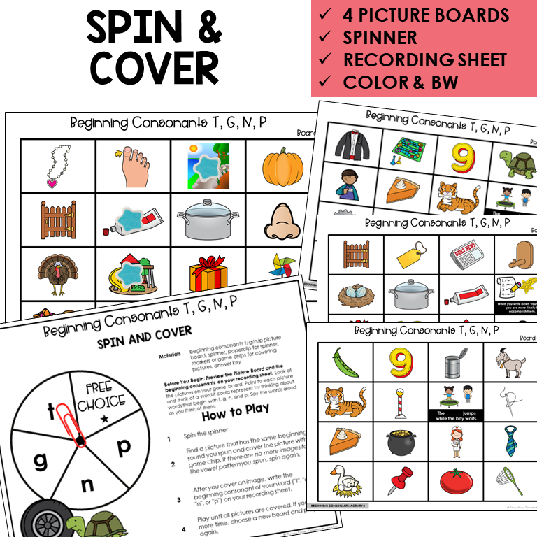Spin and Cover picture boards and spinner for beginning sounds T, G, N, P