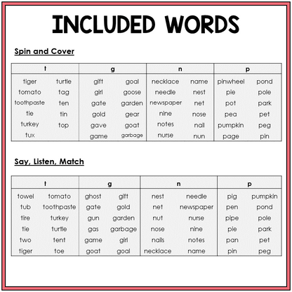 Picture word list for beginning sounds T, G, N, P games, Sort 2