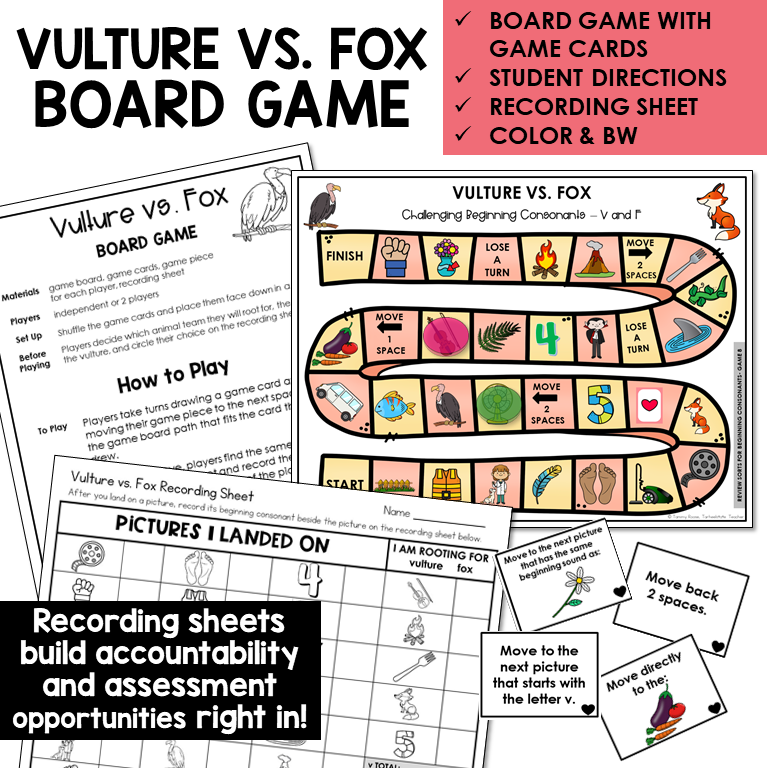 Vulture vs. Fox board game, game cards, and recording sheet for beginning sounds V and F