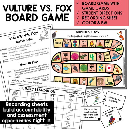 Vulture vs. Fox board game, game cards, and recording sheet for beginning sounds V and F