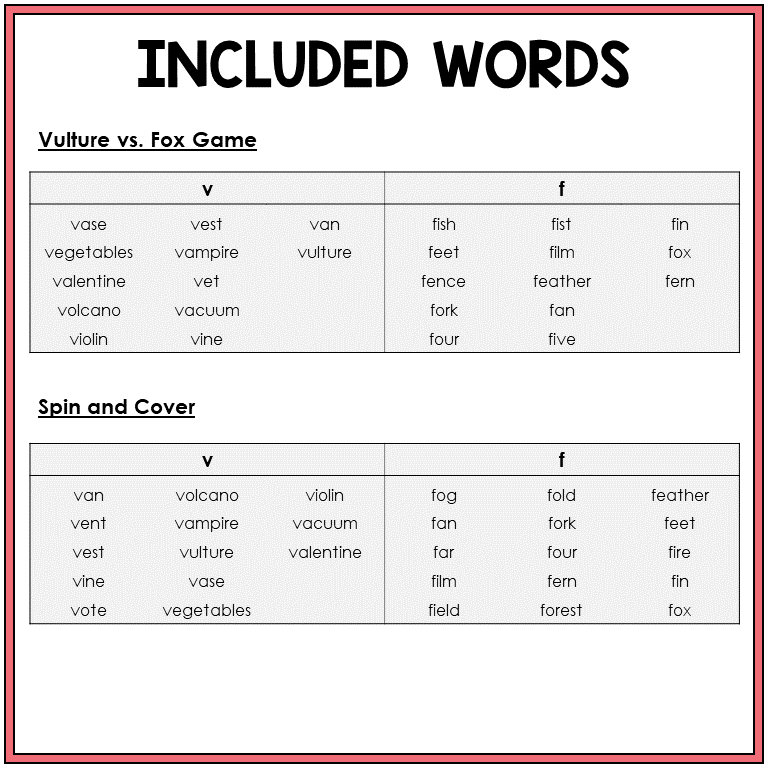 Picture word list for beginning sounds V and F games, Sort 8