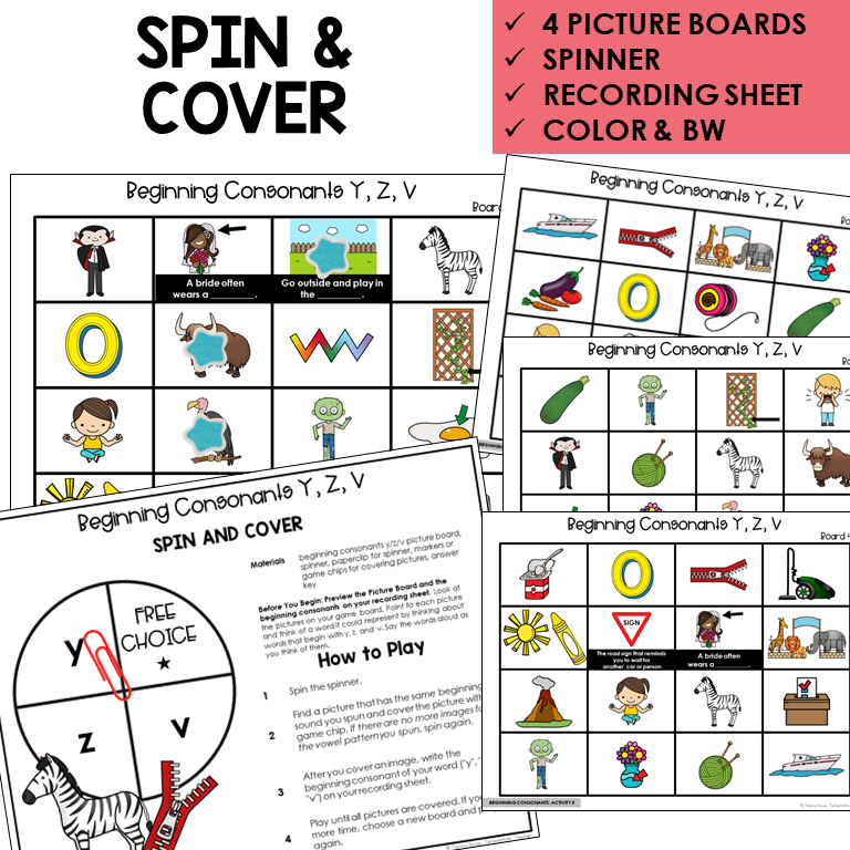 Spin and Cover picture boards and spinner for beginning sounds Y, Z, V