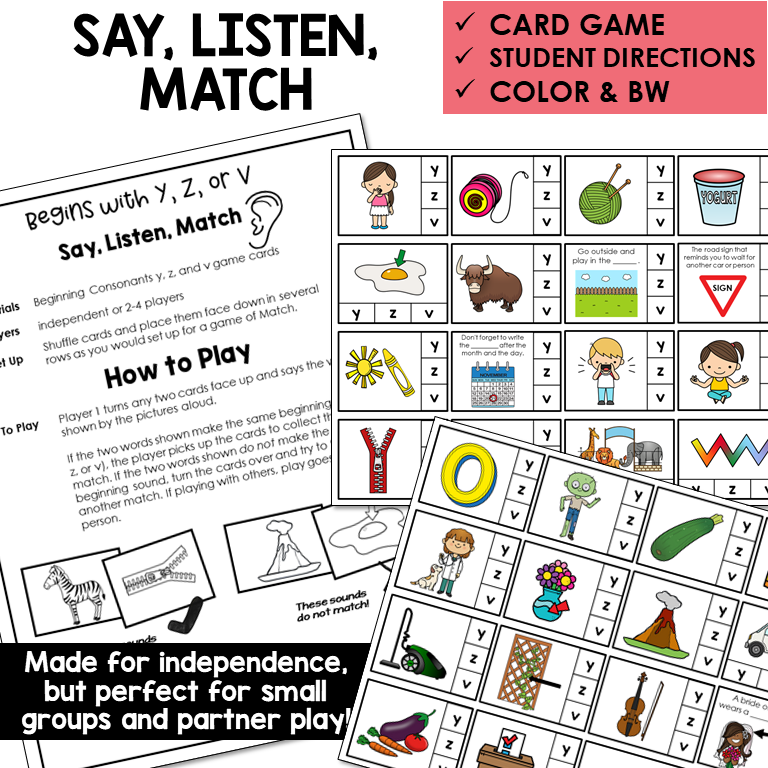Say, Listen, Match picture cards for beginning sounds Y, Z, V