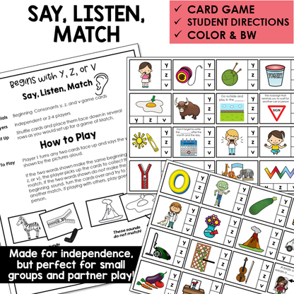 Say, Listen, Match picture cards for beginning sounds Y, Z, V