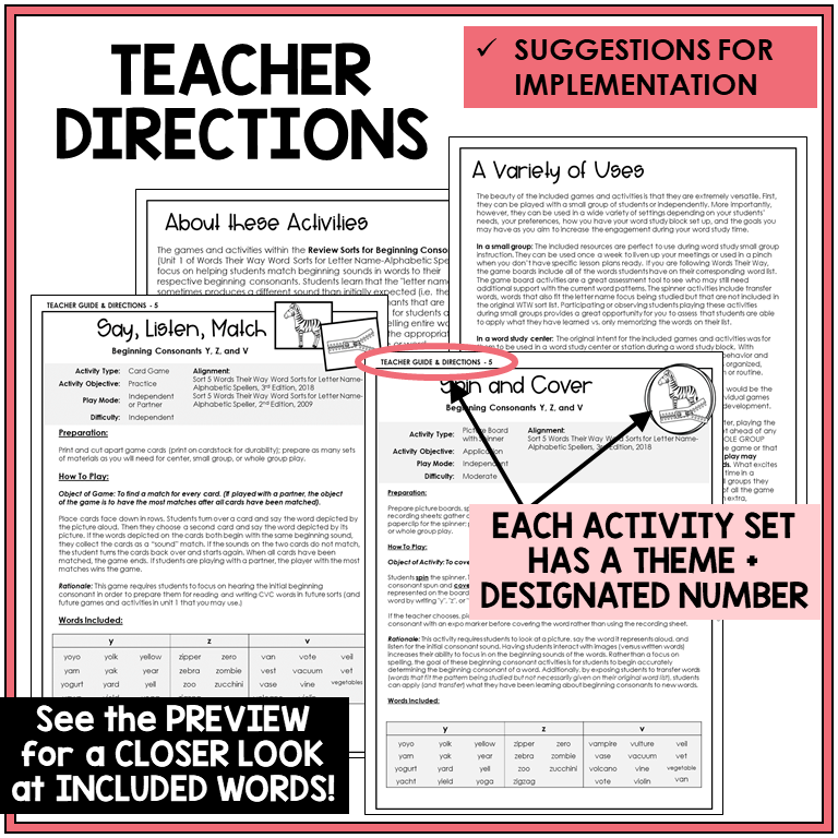 Teacher directions for beginning sounds Y, Z, V games