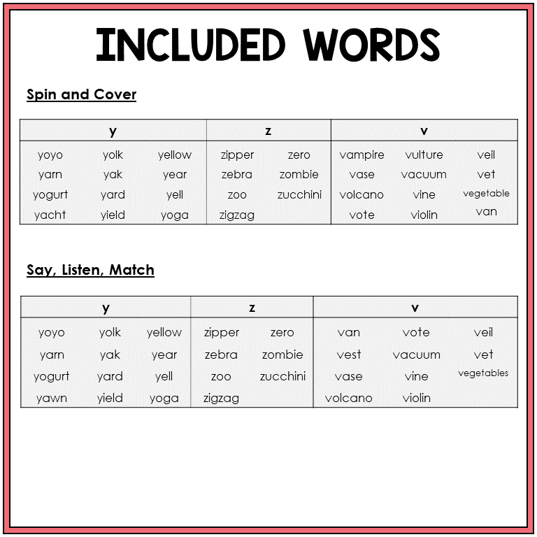 Picture word list for beginning sounds Y, Z, V games, Sort 5