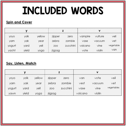 Picture word list for beginning sounds Y, Z, V games, Sort 5