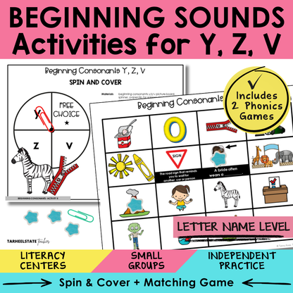 Beginning Sounds Y, Z, V Sort 5 Letter Name Games cover