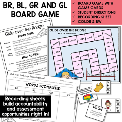 Glide Over the Bridge board game, game cards, and recording sheet for blends BR, BL, GR, and GL