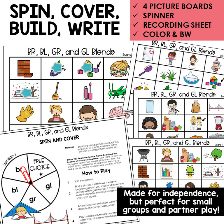 Spin and Cover picture boards and spinner for blends BR, BL, GR, and GL