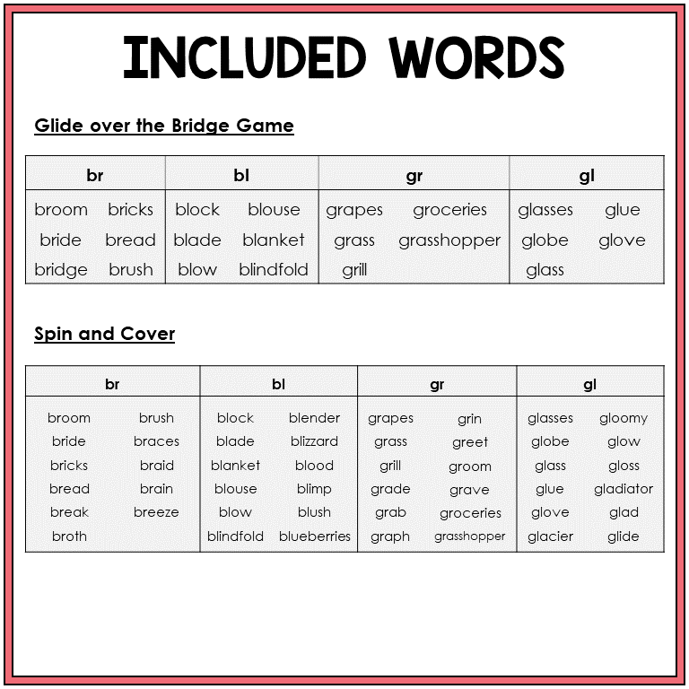 Word list for blends BR, BL, GR, and GL games, Sort 30