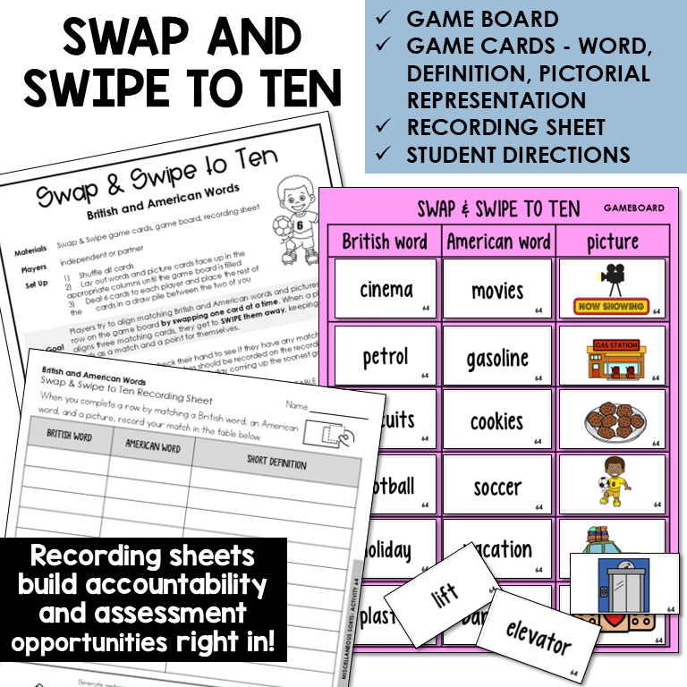 Swipe & Swap to Ten card game for British and American words