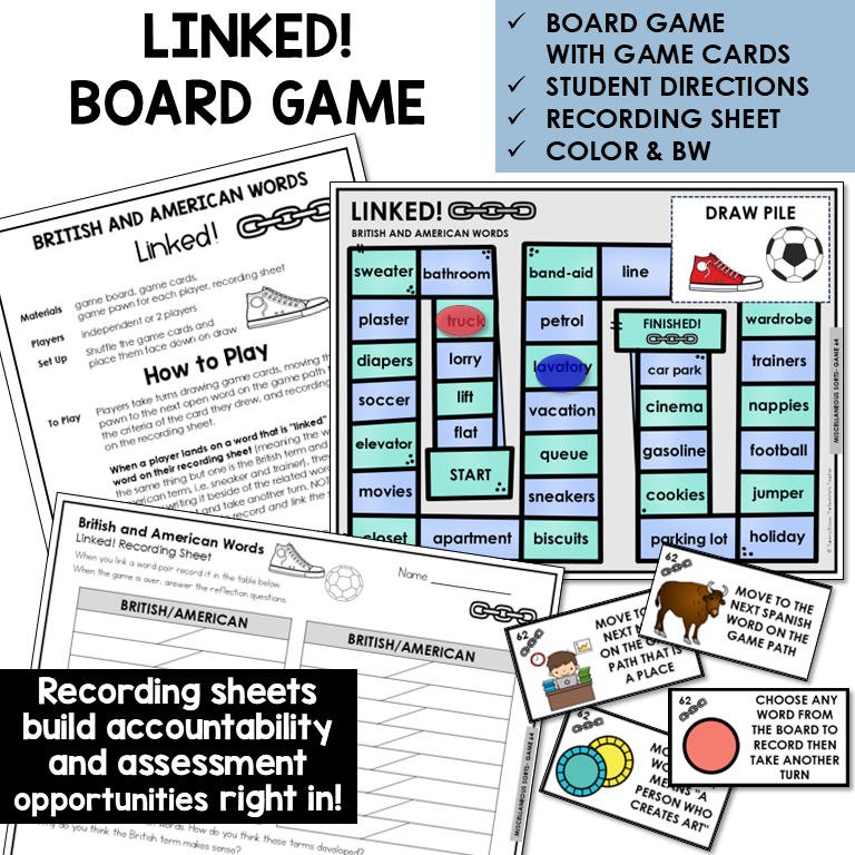 Linked! board game for British and American words