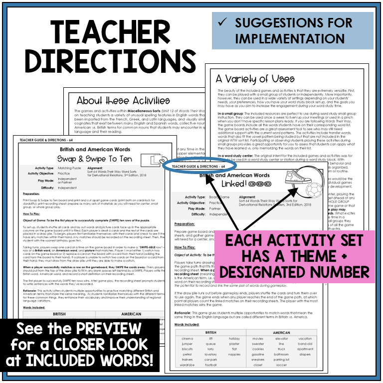 Teacher directions for British and American words games