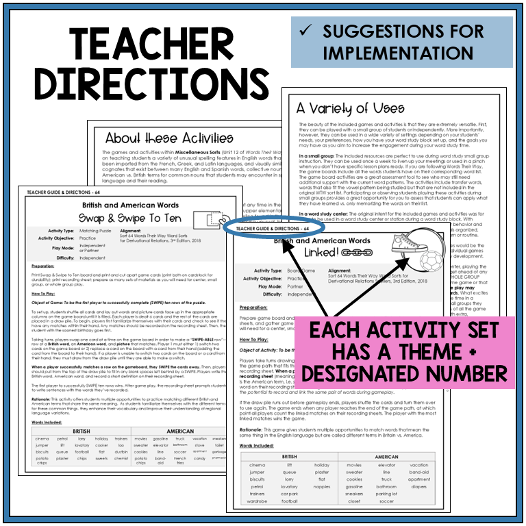 Teacher directions and suggestions for implementation