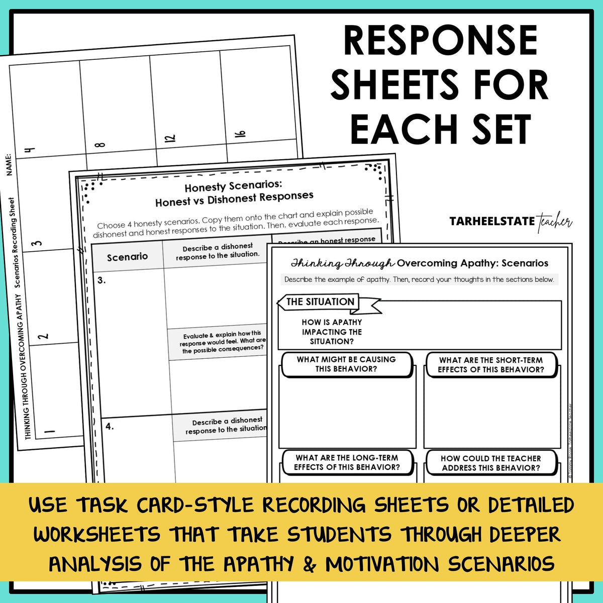 Scenario response sheets and recording sheets for each set, including honesty and apathy scenario worksheets