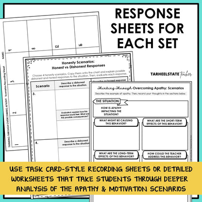 Scenario response sheets and recording sheets for each set, including honesty and apathy scenario worksheets