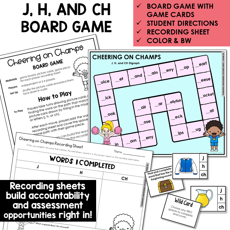 Cheering on Champs board game, game cards, and recording sheet for J, H, and digraph CH