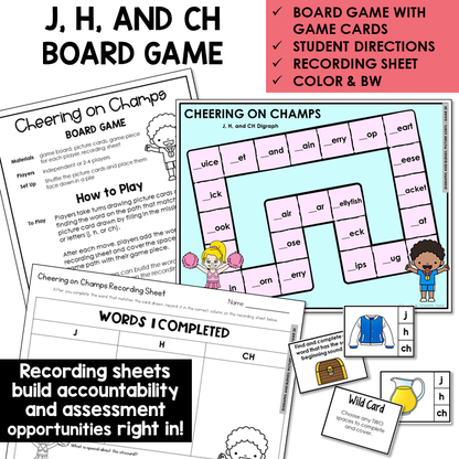 Cheering on Champs board game, game cards, and recording sheet for J, H, and digraph CH