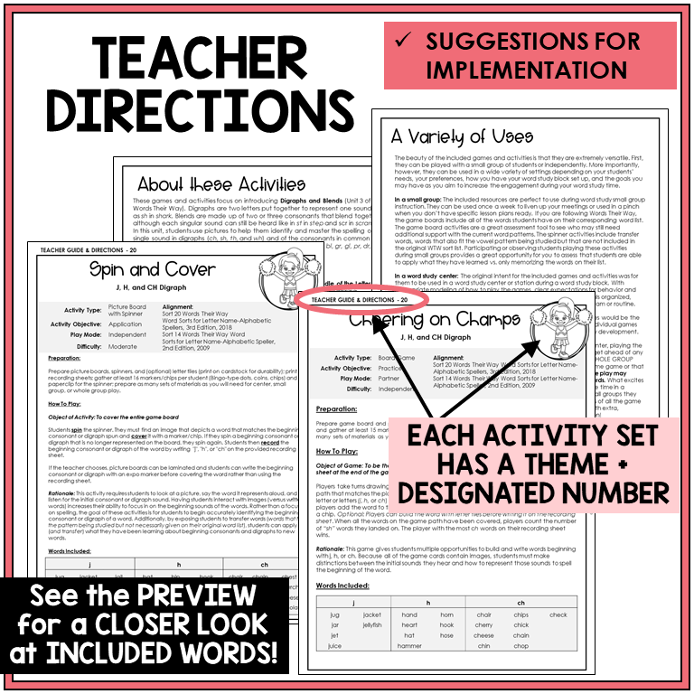 Teacher directions for J, H, and digraph CH games