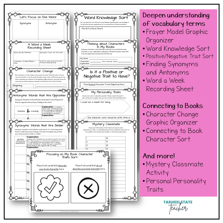 Character Traits List Graphic Organizers and Vocabulary Activities Bulletin Board
