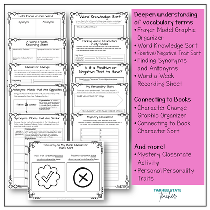 Character Traits List Graphic Organizers and Vocabulary Activities Bulletin Board