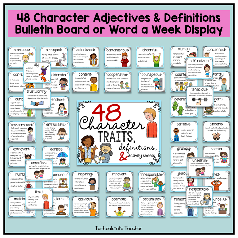 Character Traits List Graphic Organizers and Vocabulary Activities Bulletin Board