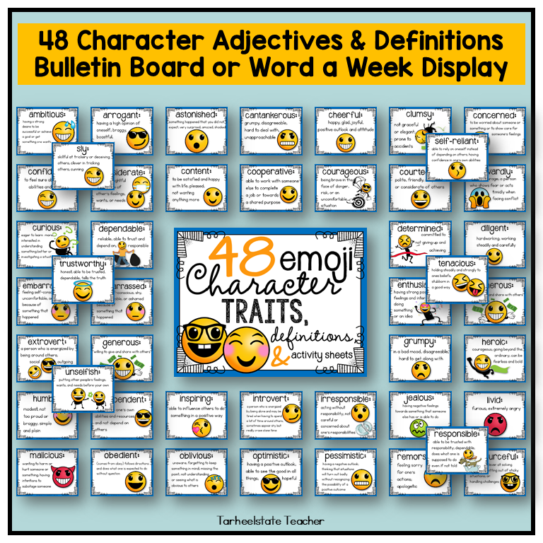 Emoji Character Traits List Graphic Organizers and Vocabulary Activities Bulletin Board
