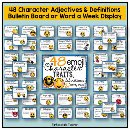 Emoji Character Traits List Graphic Organizers and Vocabulary Activities Bulletin Board