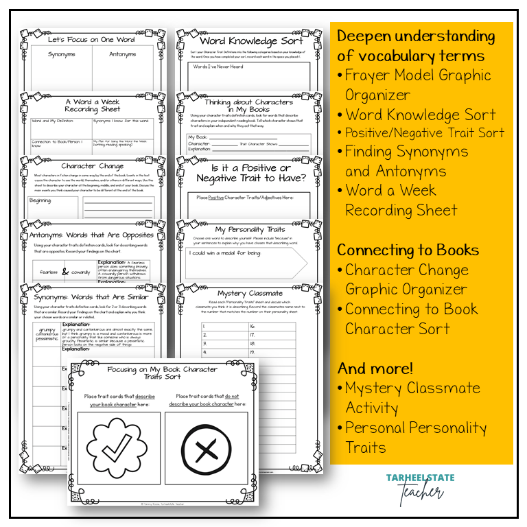 Emoji Character Traits List Graphic Organizers and Vocabulary Activities Bulletin Board