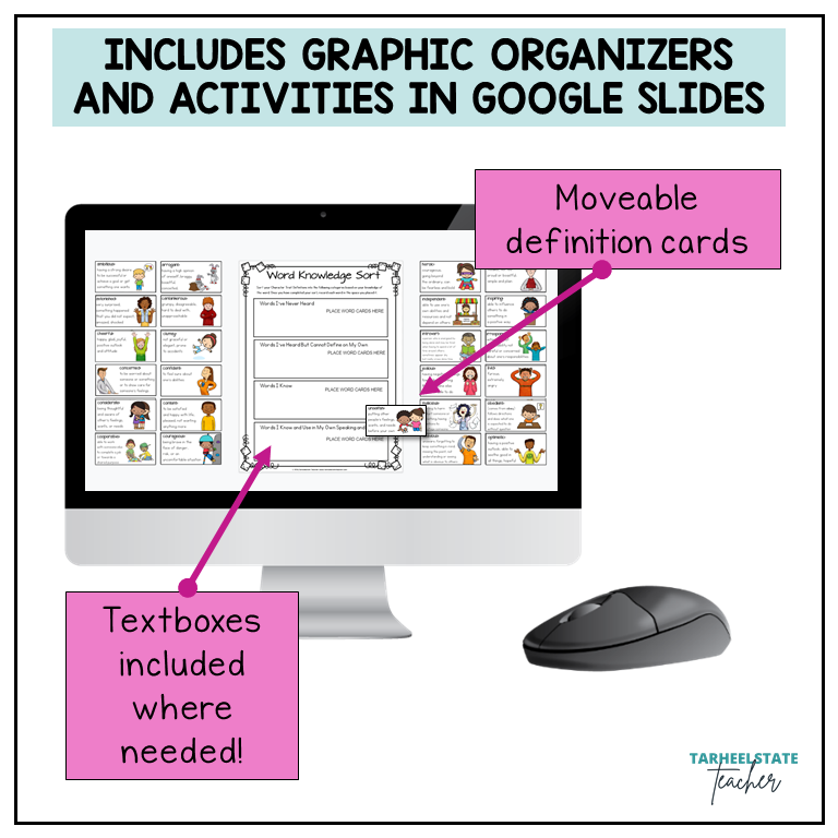 Character Traits List Graphic Organizers and Vocabulary Activities Bulletin Board